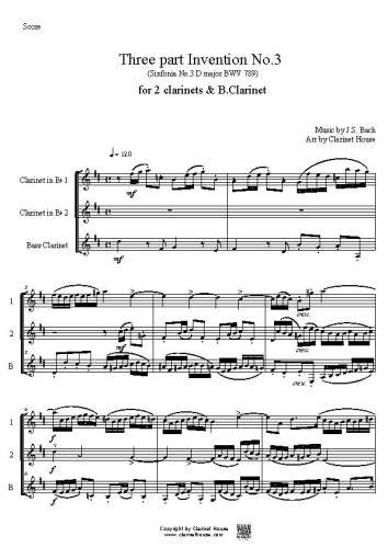 Bach 3 part Invention No.3 (Sinfonia 3 D major BWV 789) for 2 Clarinets & B.Clarinet