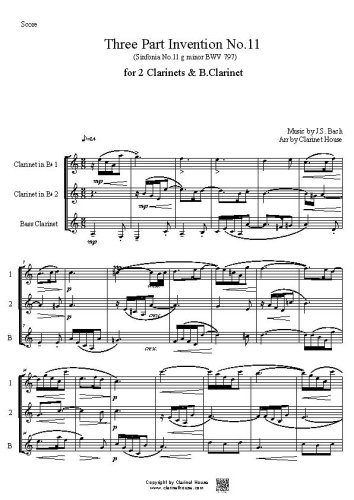 Bach 3 part Invention No.11 (Sinfonia 11 g minor BWV 797) for 2 Clarinets & B.Clarinet