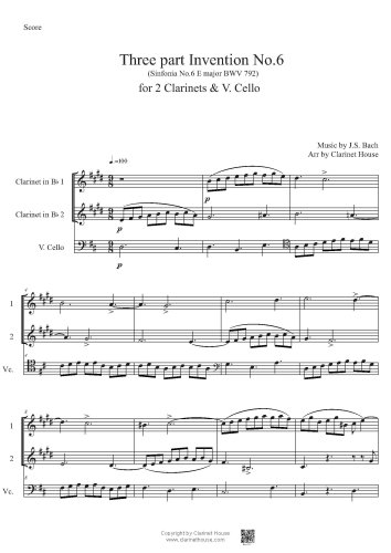 Bach 3 part Invention No.6 (Sinfonia 6 E major BWV 792) for 2 Clarinets & V.Cello