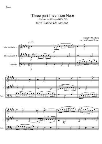 Three-Part Inventions, BWV 787-801 - No.6 in E, BWV 792 for 2 Clarinets & Bassoon