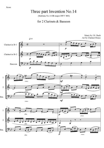 Three-Part Inventions, BWV 787-801 - No.14 in B flat, BWV 800 for 2 Clarinets & Bassoon
