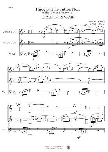 Bach 3 part Invention No.5 (Sinfonia 5 E flat major BWV 791) for 2 Clarinets V.Cello