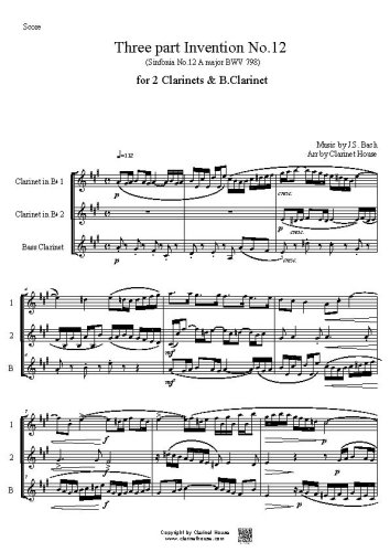 Bach 3 part Invention No.12 (Sinfonia 12 A major BWV 798) for 2 Clarinets & B.Clarinet